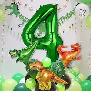 Dinosaur Themed Birthday Party Balloon Set  With A 48 in “4”- Green and Orange